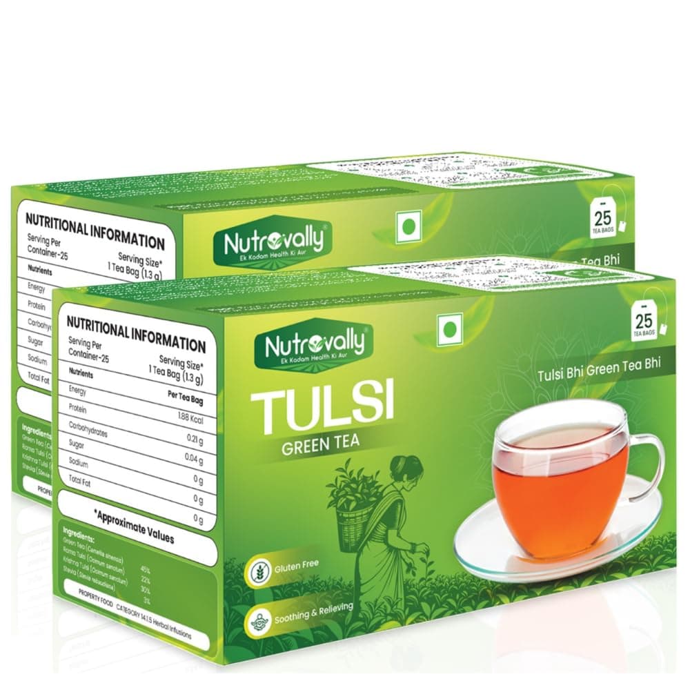NutroVally Tulsi Green Tea – Pack of 2 (25 Bags Each) | Herbal Green Tea Blend with Tulsi for Immunity, Digestion & Relaxation | Antioxidant-Rich Detox Drink | Total 50 Tea Bags | Caffeine Balanced