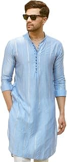 See Designs Men Full Sleeve Turquoise Blue Chanderi Silk Sequins Cotton Mandarin Collar Side Slit Kurta