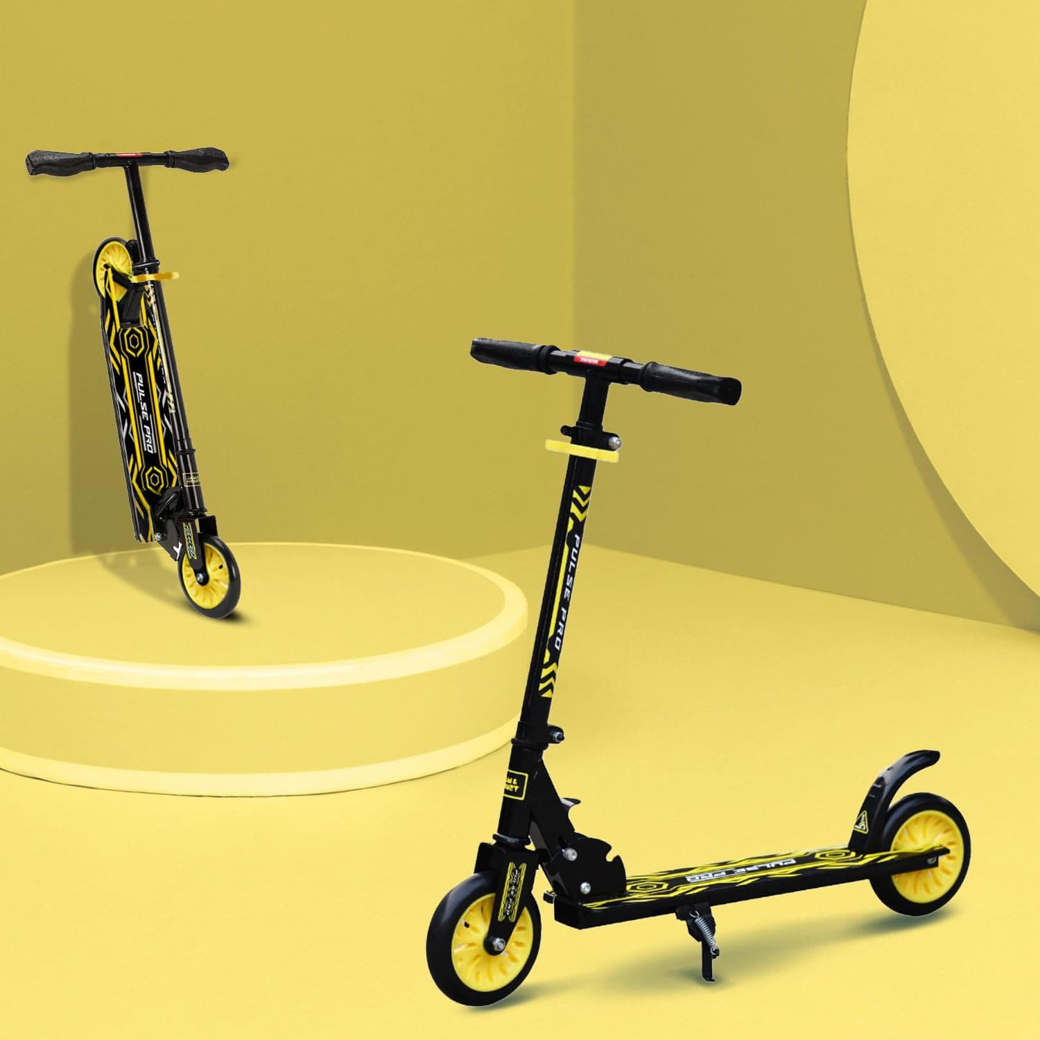 Amazon Brand - Jam & Honey Kick Scooter | Foldable 2-Wheel Design with Rear Brake | 3-Height Adjustable Handlebar | BIS Certified | 50 kg Max Load | Neon Yellow | Ages 6-13 Years