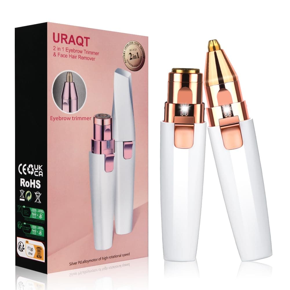 URAQT Facial Hair Remover for Women, 2 in 1 Eyebrow Trimmer & Face Hair Remover, Rechargeable Waterproof Painless Lady Shaver for Lips Nose Face Body Peach Fuzz, White