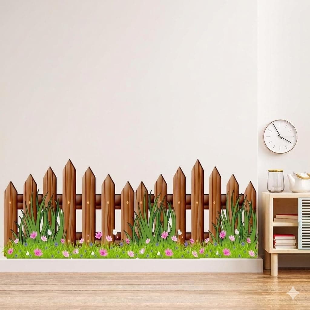 INKFENCE Wooden Fence with Grass and Flowers Wall Sticker, Garden Theme Baseboard Decal, 108 x 38 cm Self Adhesive Sticker (Pack of 1)
