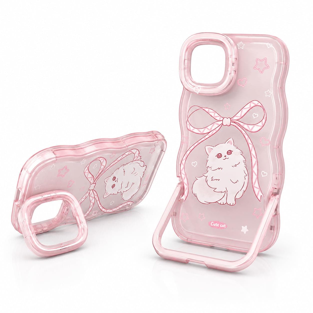 amazon basics Designer Cute Bow CAT Printed Shockproof Pink Back Cover Case with Dual Folding Stand at Camera & Back with Hand Strap for iPhone 12