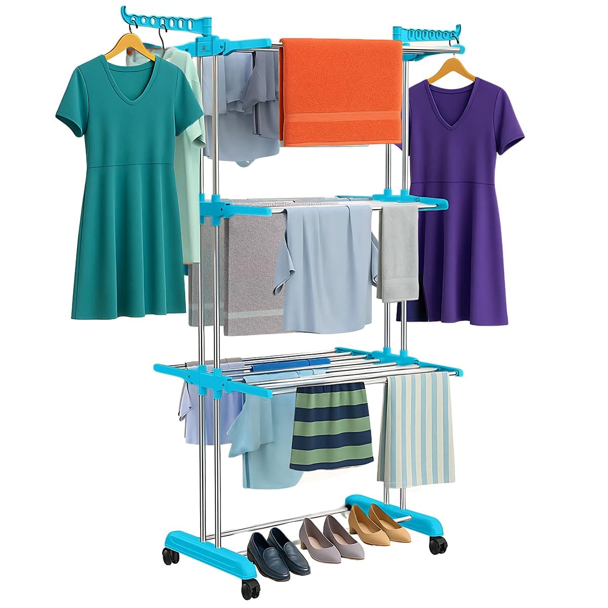 H Houseware Foldable Cloth Drying Stand Stainless Steel 3 Tier Heavy-Duty Clothes Dryer for Balcony Indoor & Outdoor Use with Wheels & Hanger Slots Rust-Proof (Blue) 121.9 x 68.6 x 167.6 Cm