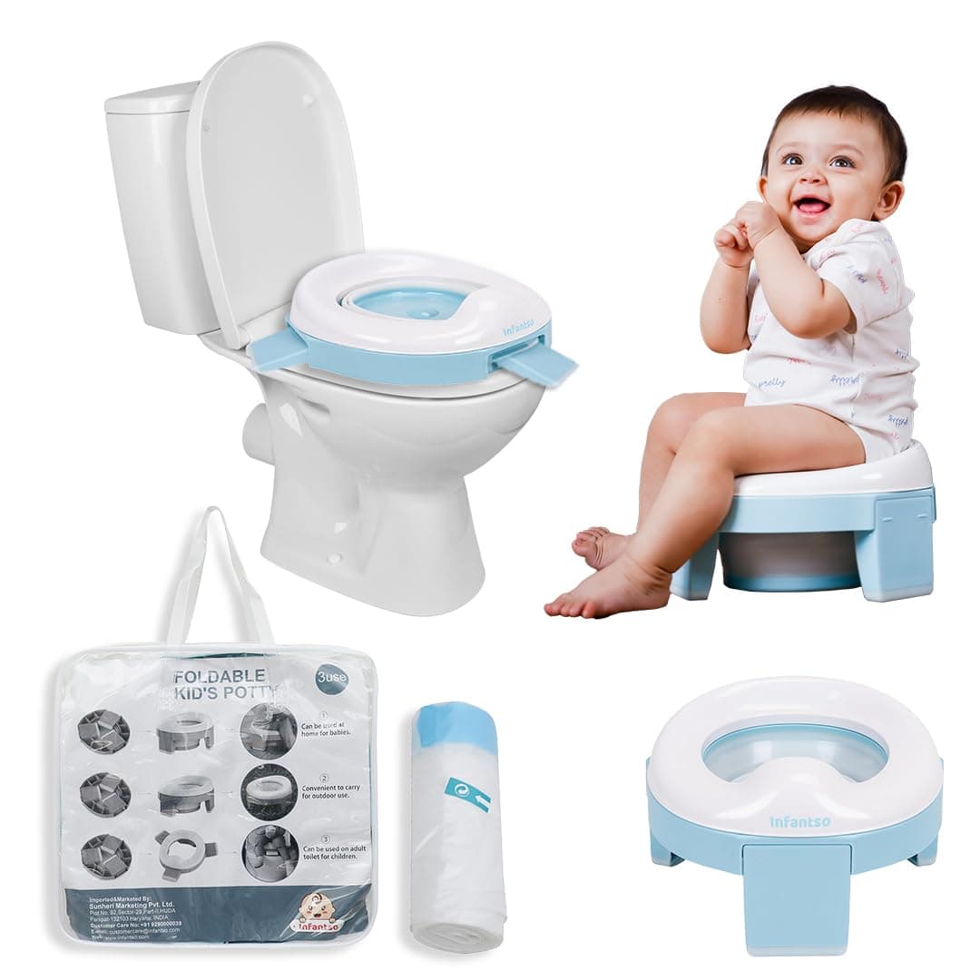 Infantso (2-in-1) Baby Potty Training Seat for 1 + Year Child, Foldable Potty Seat with Detachable Potty Bowl & trash bags, Potty training of Boys & Girls, Fits Round & Oval Western Toilets