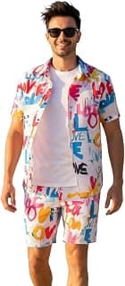 Men’s Polyester fabric solid Printed Co-Ord Set for men Floral Print Short Sleeve Shirt with Drawstring Shorts Casual Summer Wear, Beach & Vacation Outfit for Men