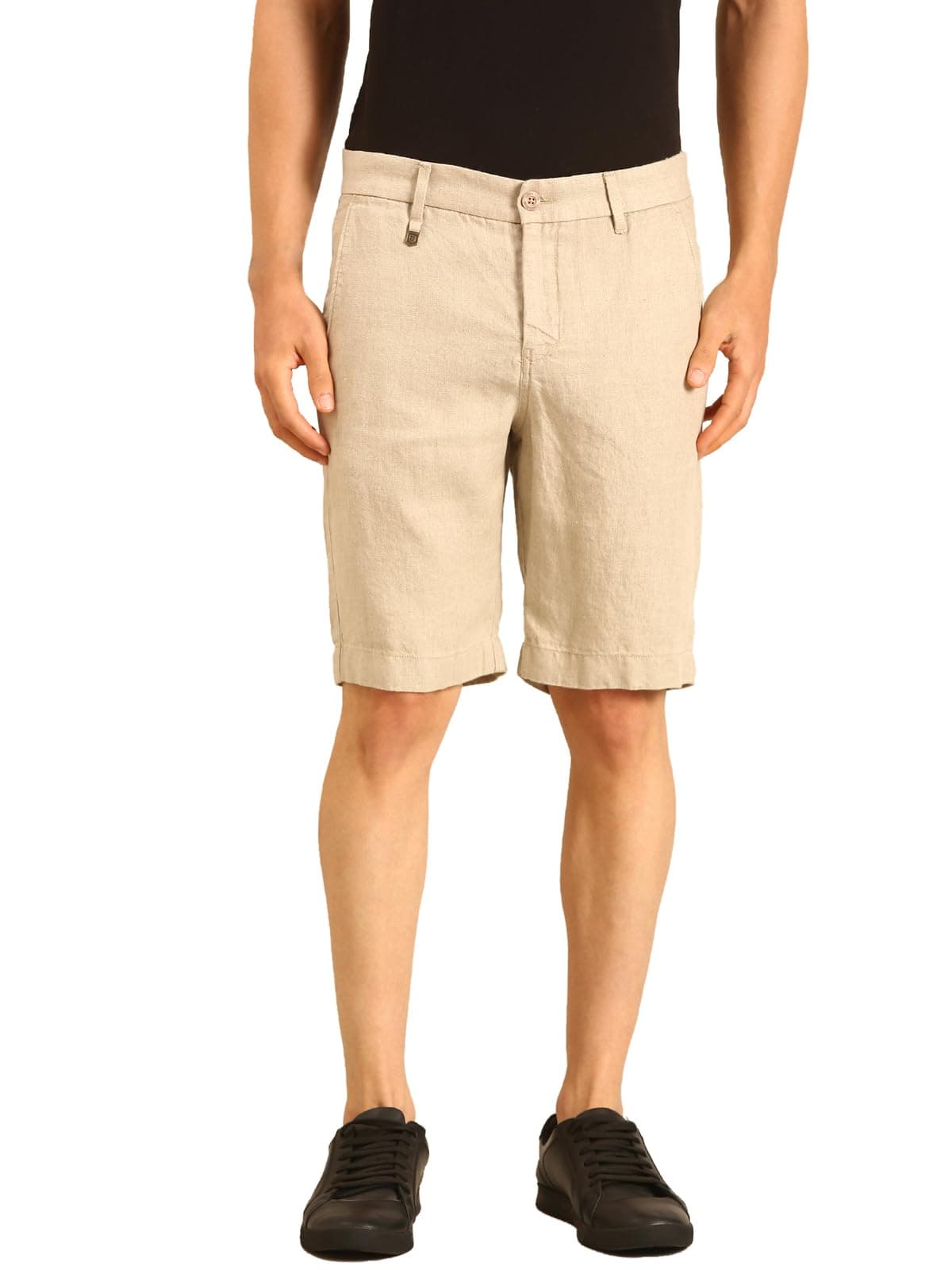 Linen Club Men's Linen Beige Solid Contemporary Fit Casual Shorts