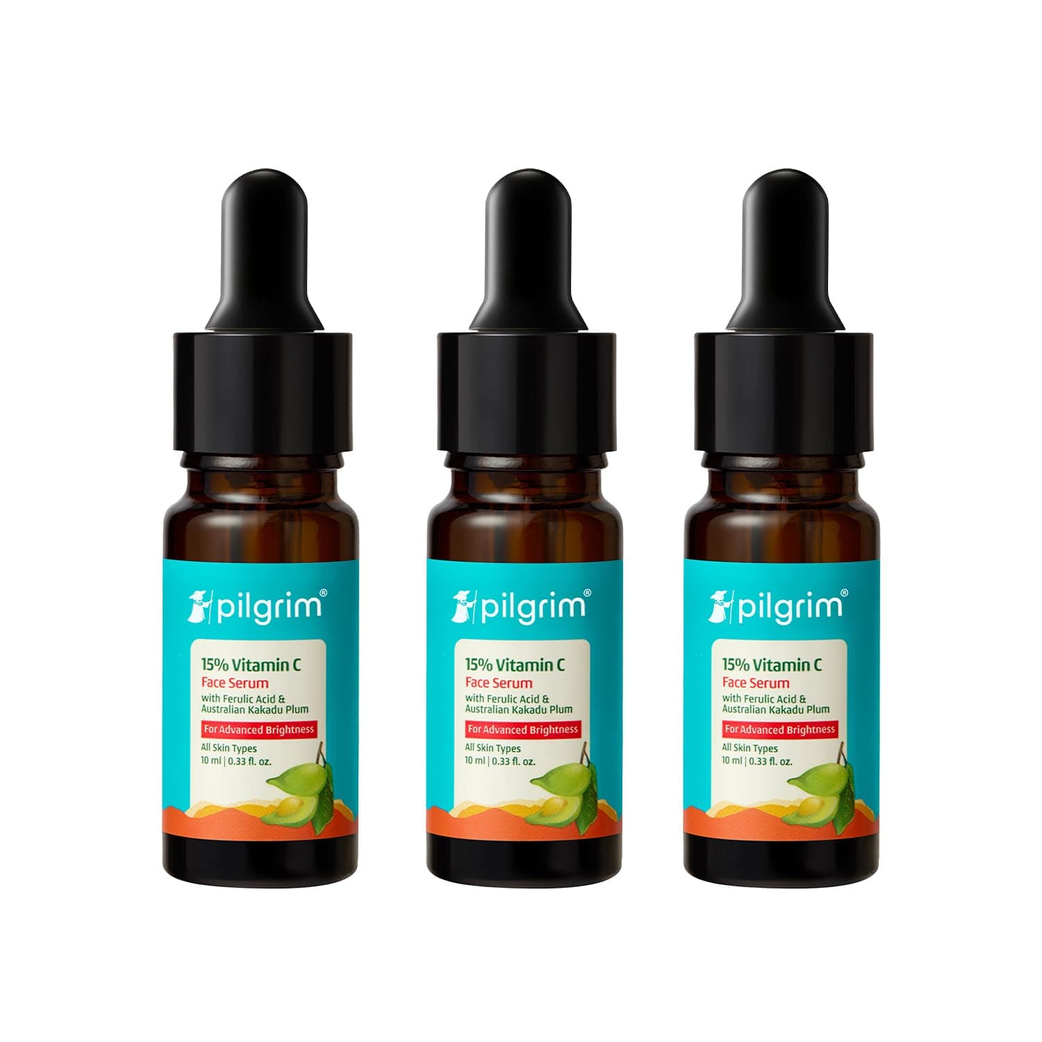 Pilgrim 15% Vitamin C Serum 10ml for Glowing Skin with Ferulic Acid & Kakadu Plum | Advanced Dark Spot Corrector, Hyperpigmentation & Brightening Face Serum | For All, Combination, Normal Skin - Pack of 3