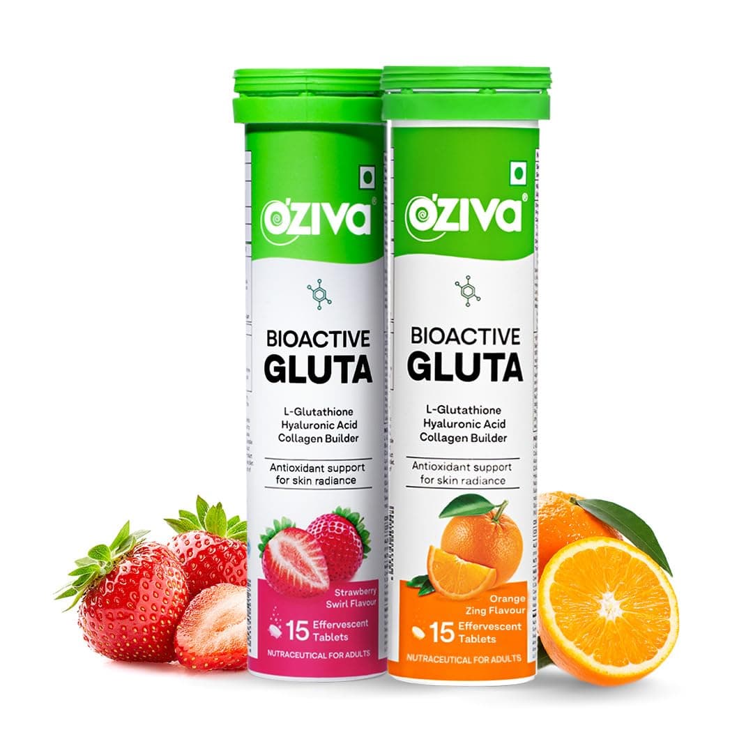 OZiva Bioactive Glutathione Tablets for Radiant Skin - 30 Effervescent Tablets (Pack of 2) | L-Glutathione, Vitamin C, Lycopene For Skin Glow & Anti-Pigmentation | Strawberry Swirl and Orange