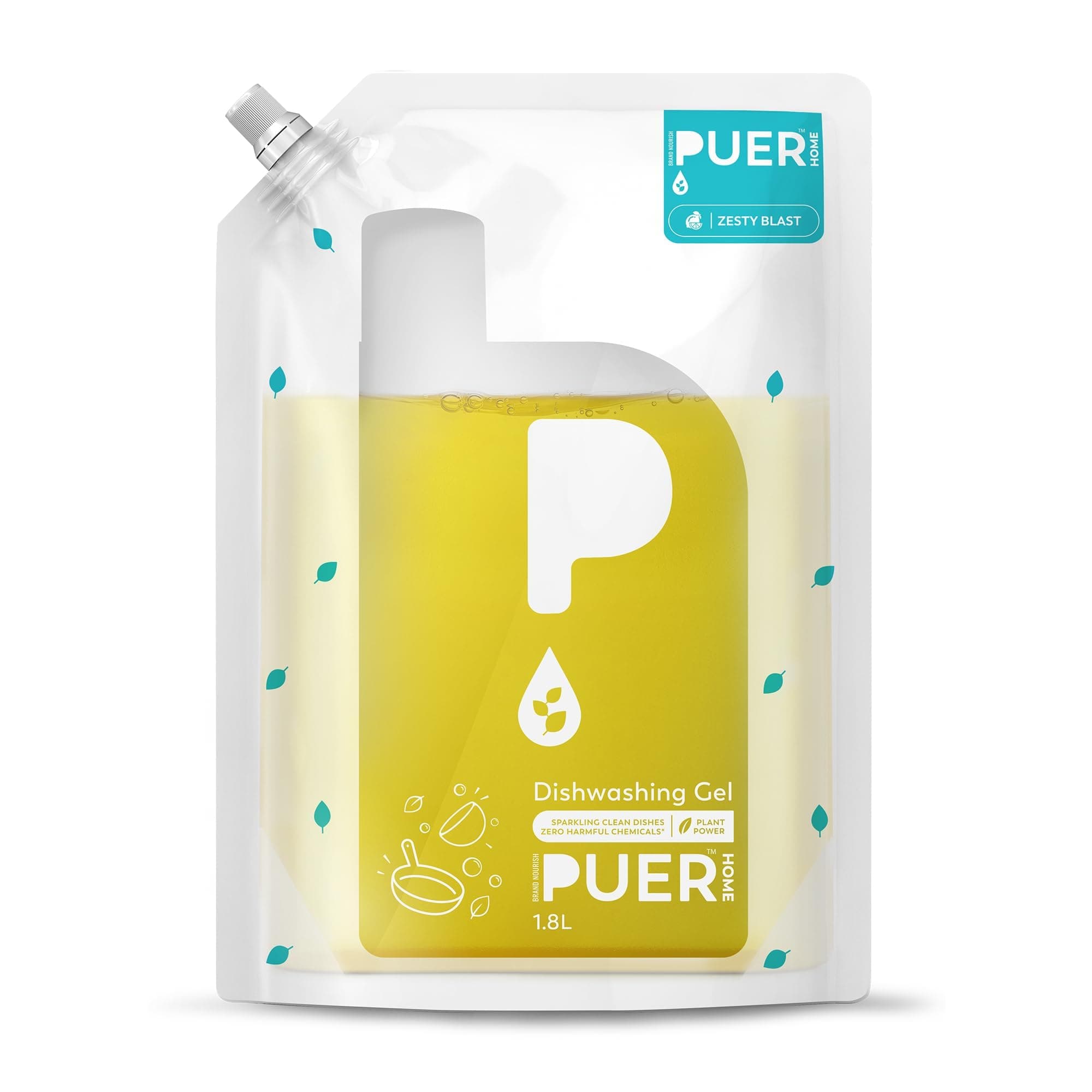 PUER Dishwashing Gel Zesty Blast 1800ml Refill Pouch | Tough Grease Removal with Toxic Free Ingredients | Controls Odour with No Residue & Active Salts