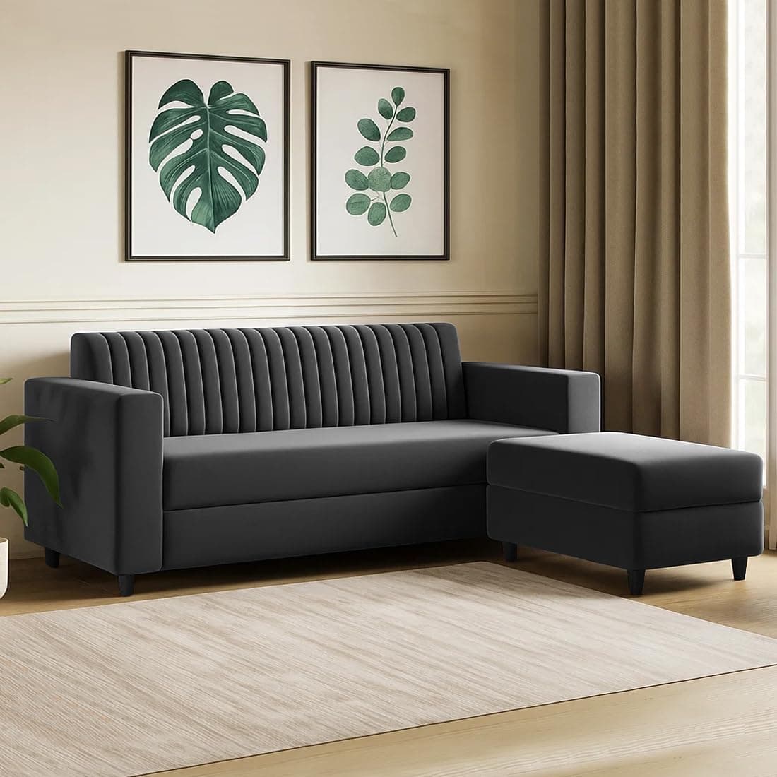 FURNY Premium Joy 4 Seater Fabric L Shape Sofa Set - 3 Seater Modern Sofa Set with Ottoman for Living Room | with Velvet Fabric | 3- Year Warranty in Dark Grey Color