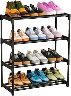 4-Tier Shoe Rack, Black PLASTICK Frame Storage Organizer for Entryway Closet Organization
