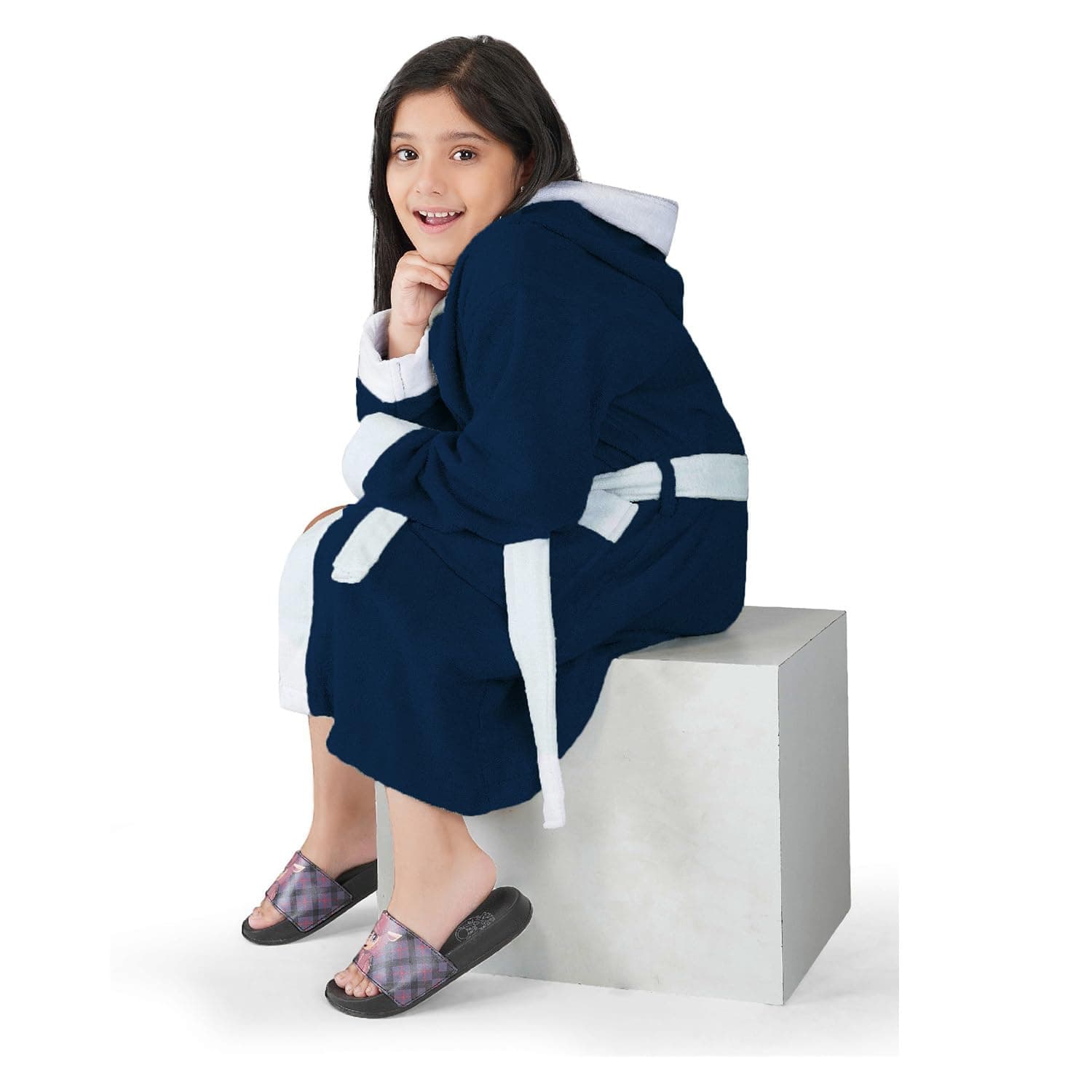 RANGOLI 100% Premium Cotton Kids Unisex 400 GSM Hooded Bathrobe in Full Sleeves and Knee Length with Pockets for Ultra Soft and Elegant Design for Boys and Girls (7-8 &Navy Blue) | Noble Collection