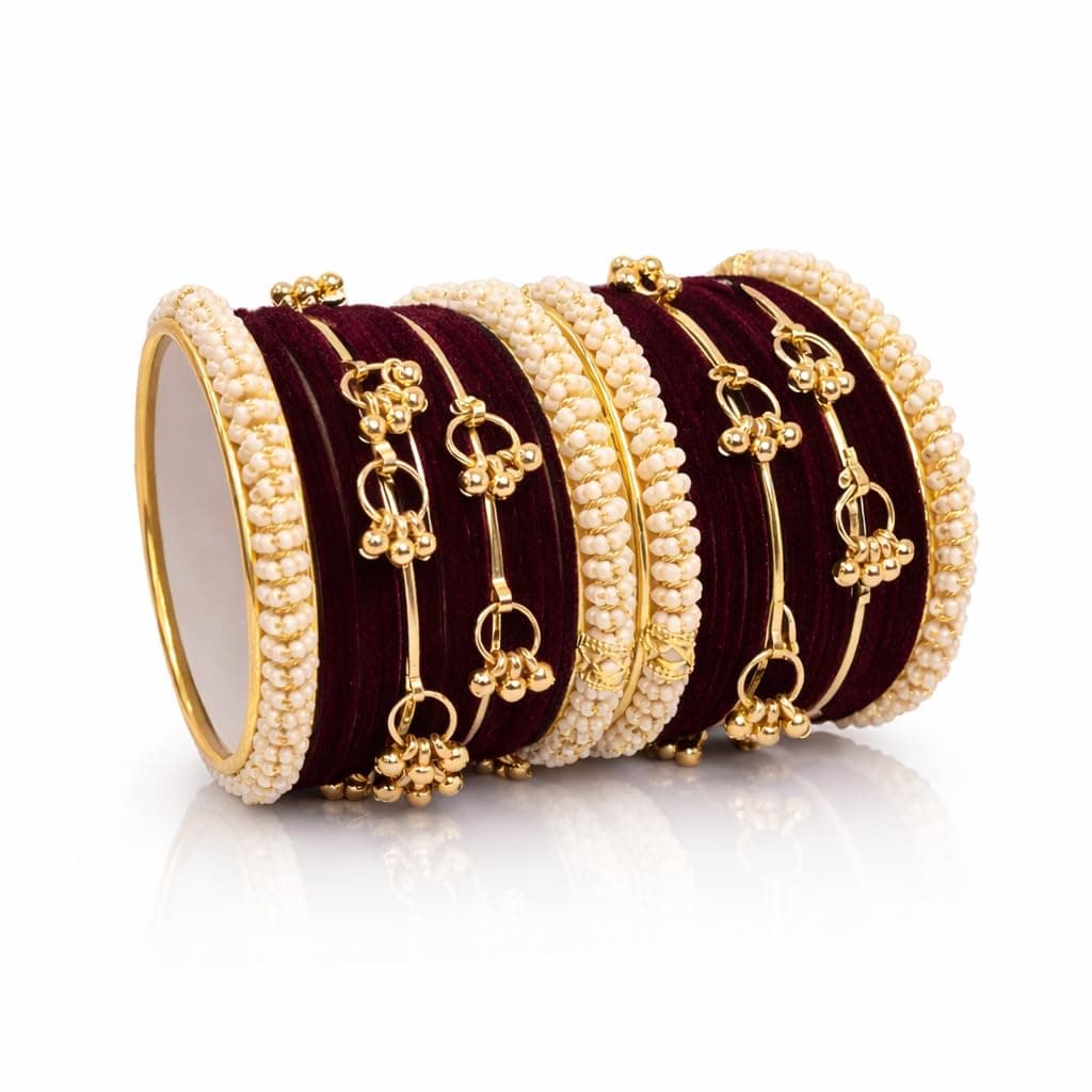 STREE STORE Gold Plated Chooda Set | Red Velvet Bangles, Pearl Beads & Kashmiri Ghunghru Design | Traditional Bridal Jewellery Set of 32 Bangles for Women