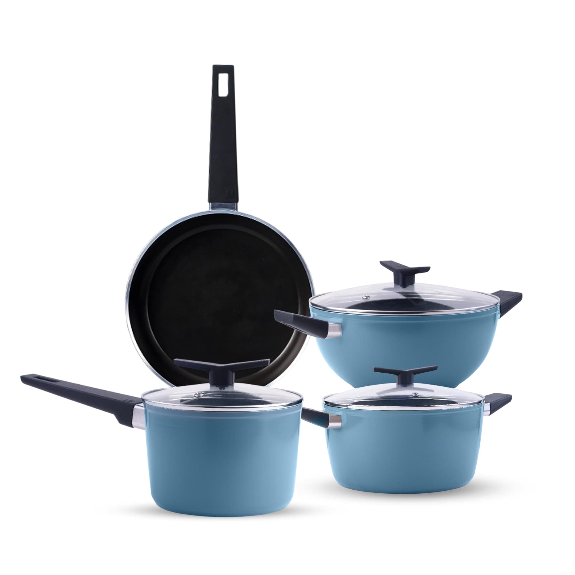 Tramontina Aura Cookware Set of 7 Kadhai 28cm with Lid, Fry Pan 24cm, Sauce Pan 16cm, Casserole 24cm with Lid | Reinforced Ceramic Non-Stick | Low-Oil Cooking | Bakelite Handle | Blueberry