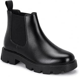 HiREL'S Premium PU Chelsea Boots for Men, Black, Chunky Lug Sole, Arch Support, Slip-Resistance, Height Increasing