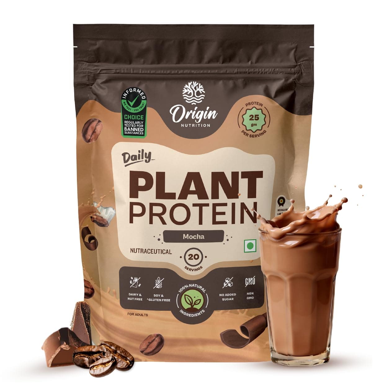 Origin Nutrition 100% Natural Plant Based Protein Powder, 823 gm, Ranked Best Vegan Protein, European Pea Protein Isolate & Pumpkin Seed, Mocha Flavour with 25g per Protein Per Serve