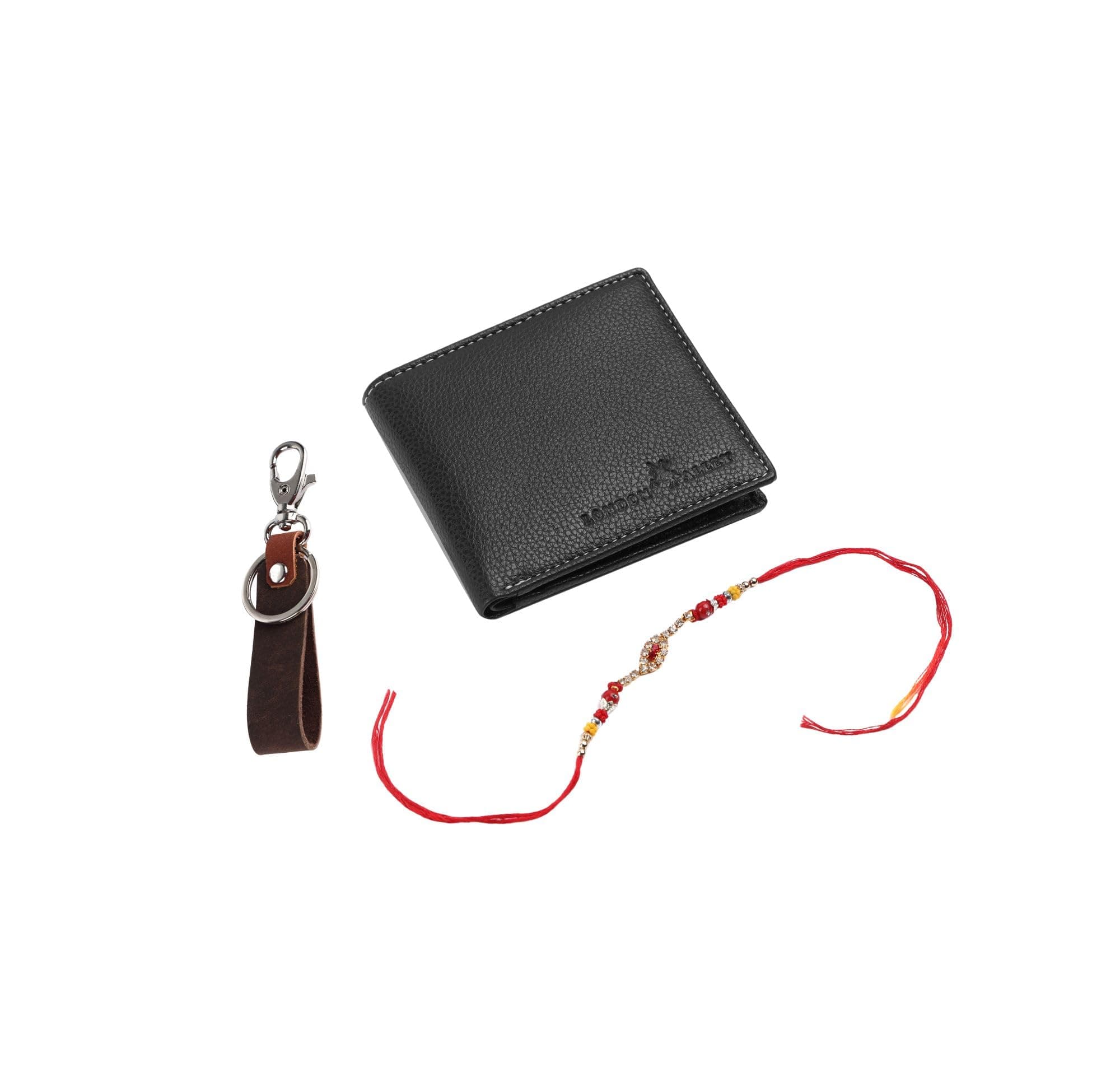 LONDON ALLEY Rakhi Gift Hamper for Brother - Men's Black Leather Wallet, Brown Keyring and Rakhi Combo Gift Set for Brother