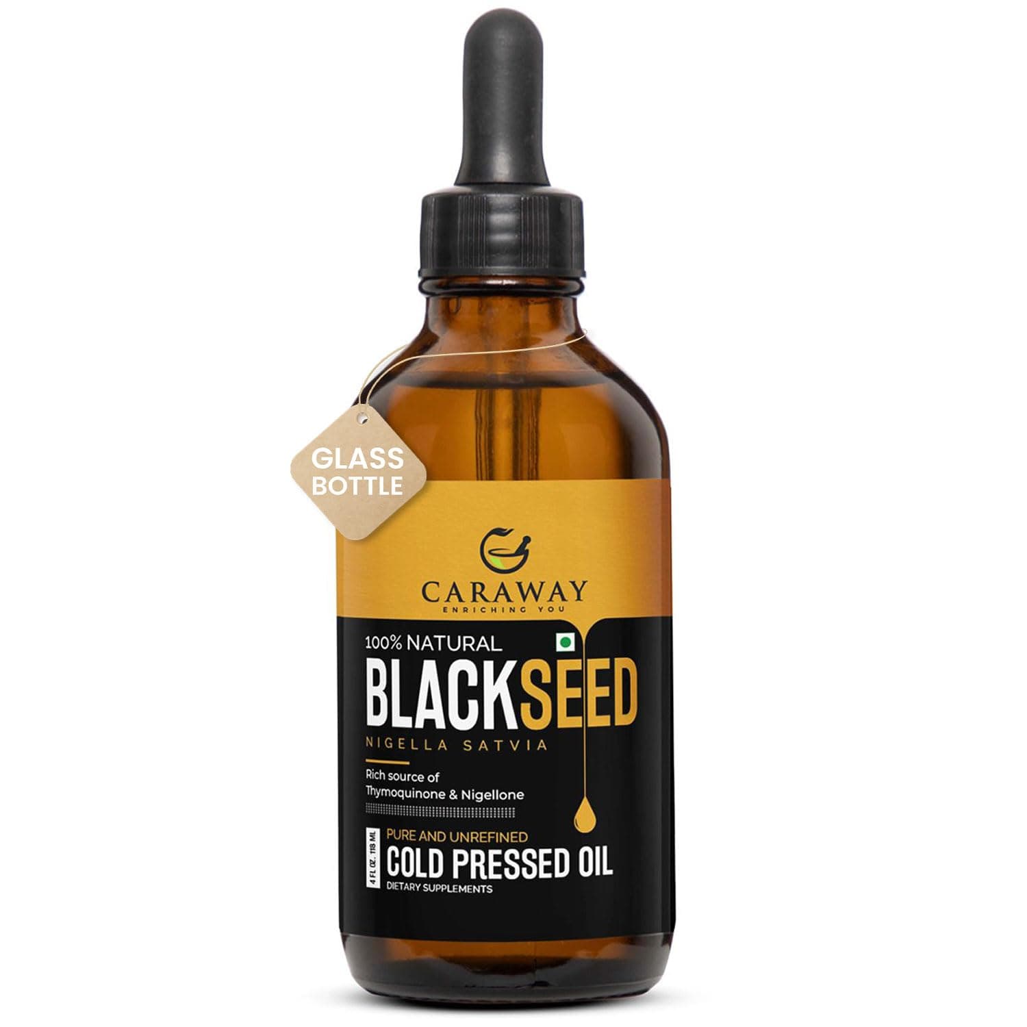 CARAWAY Black Seed Oil Edible - Kalonji Oil - 4 oz / 118 ml | Contains Active Thymoquinone for Immunity Boost and Hair Growth | One Time Cold Pressed | For Oral and Topical Use | Glass Bottle | FSSAI Certified