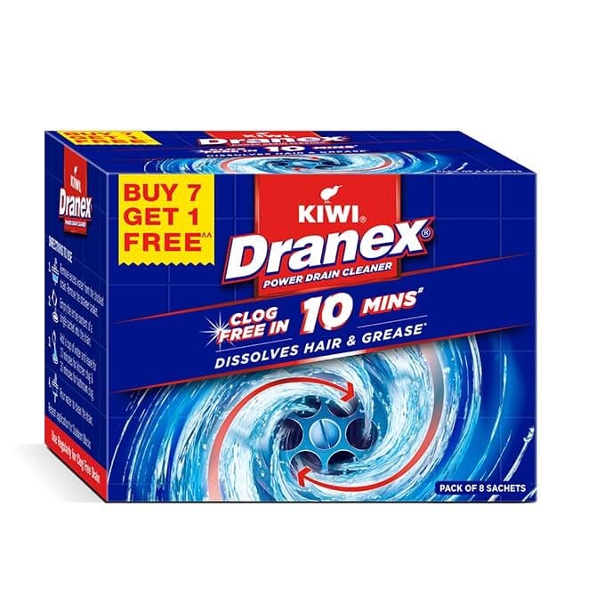 Kiwi Dranex Drain Cleaner Powder | India's No.1 Drain Expert | Fast Action Formula Clears Grease, Hair, Food Blockages in 30 Min | Safe for Kitchen Sink, Wash Basin, Bathroom drain & Pipes |Pack of 8