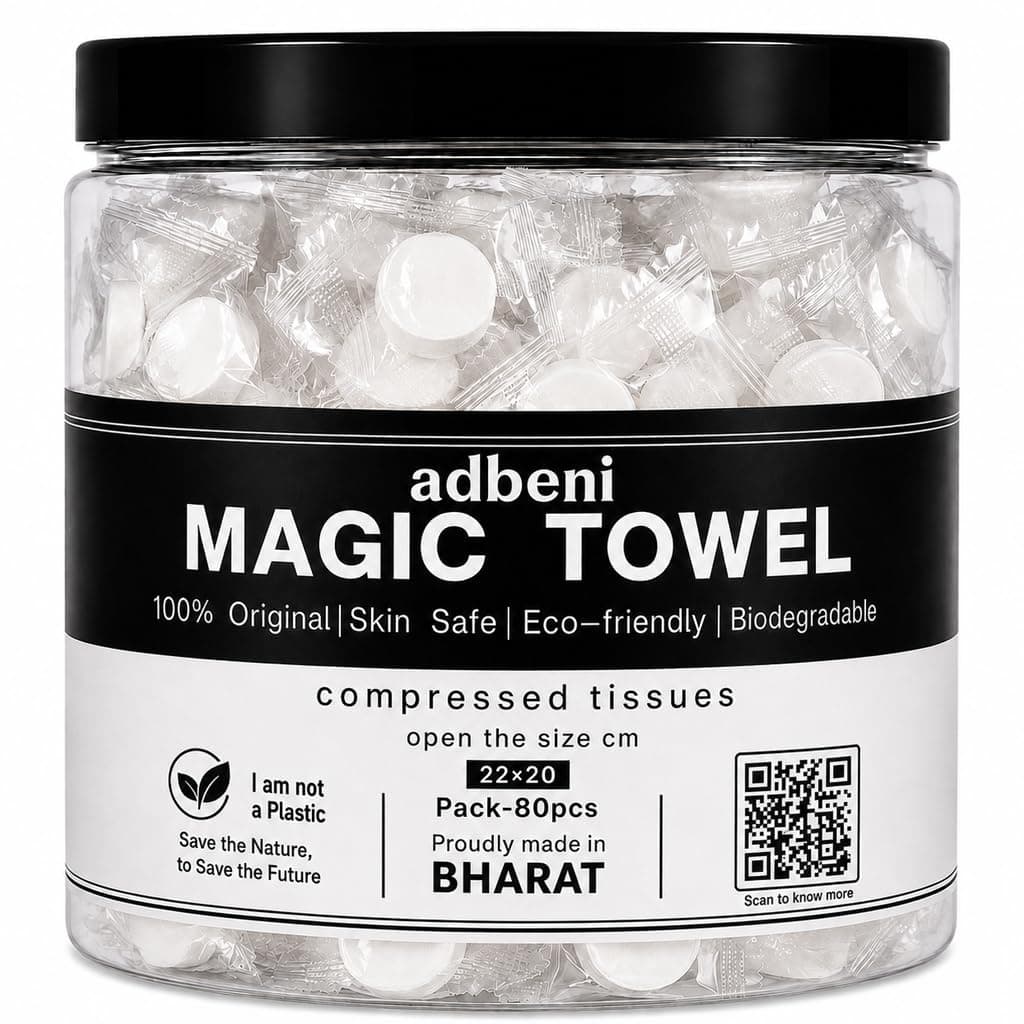 Adbeni Disposable Face Towel Compressed Tablets 80 Pcs, Premium Wipes Hygienic & Chemical Free Pack, Soft Cotton Absorbent Travel Tissue for Makeup Removal, Hand Cleaning, Camping, Beach, Salon
