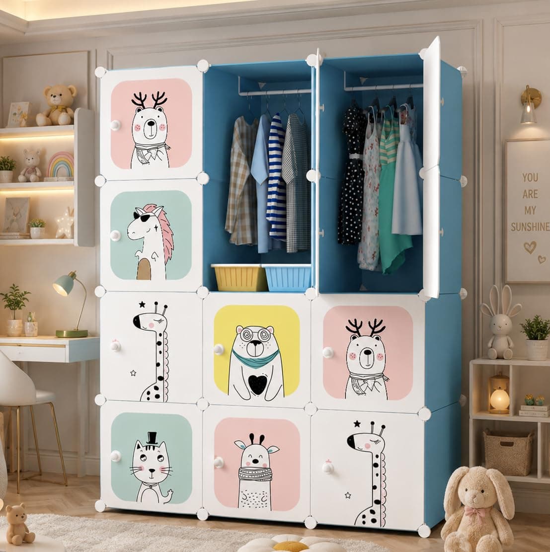 EXVITO Kids Plastic Wardrobe – 12 Door Foldable Almirah for Clothes with Hanging Rod, Collapsible Wardrobe Cartoon Print Cupboard for Baby & Kids Room- KTH3