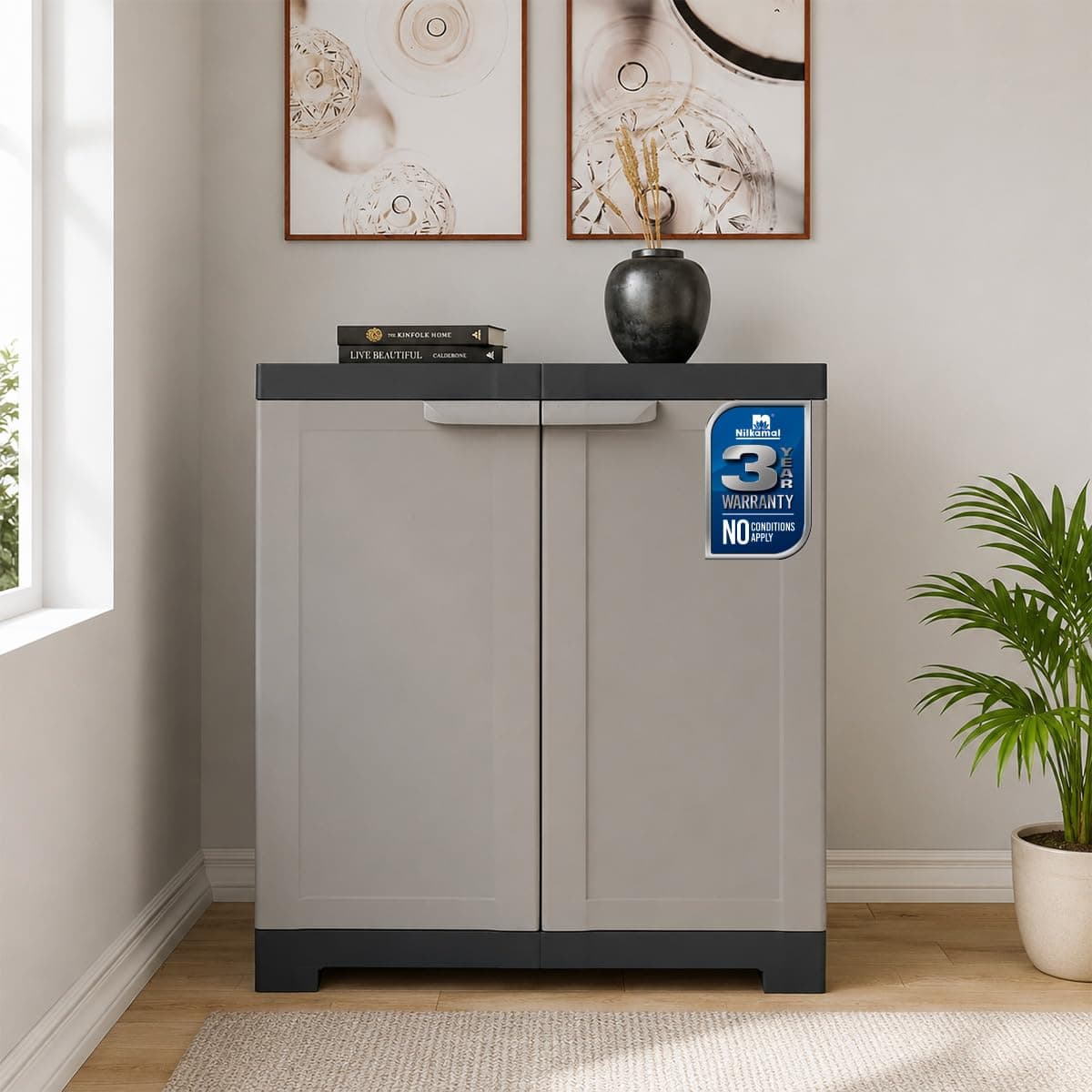 Nilkamal Freedom Mini Medium (FMS) Compact Plastic Kids Mini Storage Cabinet|3-Year Warranty|2 Doors Cupboard|Multipurpose Storage Suitable for Kids Room and Home|Grey & Charcoal Grey