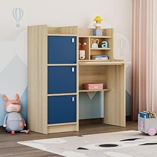 Wakefit Kids Study Table with Storage | Wooden Study Desk for Kids with Bookshelf & Cabinet | Writing Table 5-12 Years | Doo (Moldau Acacia, Maple & Blue)