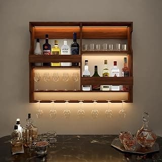 Genuine Decor Sheesham Wood Wall Mounted Wine Rack & Bar Cabinet with Stem Glass Holder | Wooden Liquor Storage & Whiskey Bottle Display | Home Bar Furniture for Living Room (30x24 Inch, Brown)