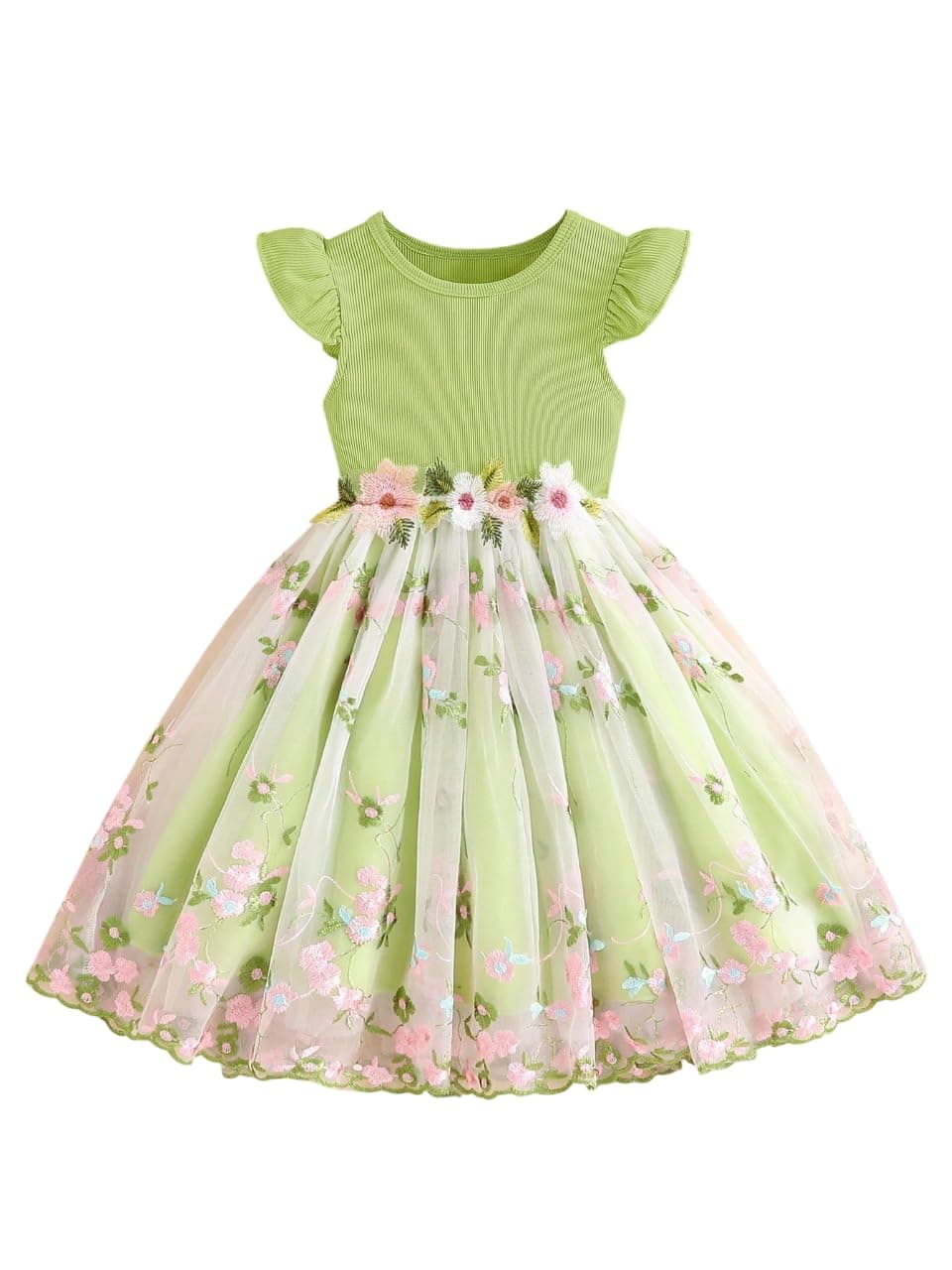 Tagas Girls' Dress|Elegant Beige Baby Girl Dress with Lace Ruffles & Floral Embroidery – Long Sleeve Princess Birthday Party Dress | Comfortable & Stylish Kids Wear| PartFrock for Kids |