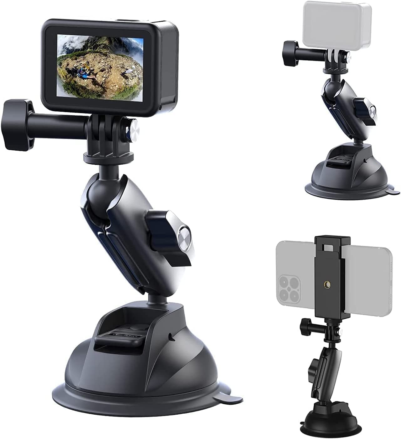 TELESIN Aluminum Alloy Suction Cup Holder Compatible With Gopro, DJI, Insta360, And More Action Cams & Smartphoness