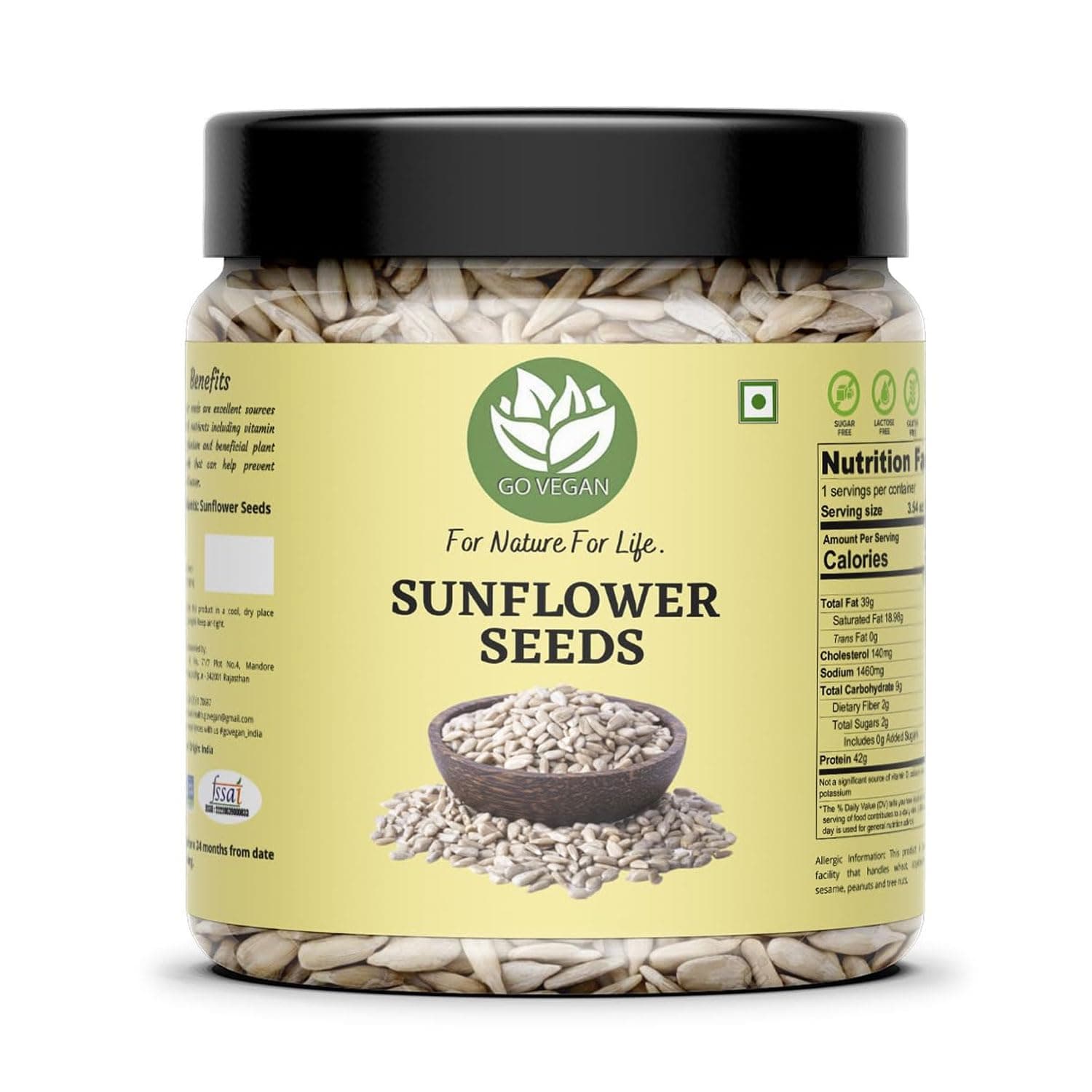 Go Vegan Sunflower Seeds 1kg - Raw Sunflower Seeds for Eating | Diet Food | Healthy Snack | Raw seeds | Weight management [jar pack ]