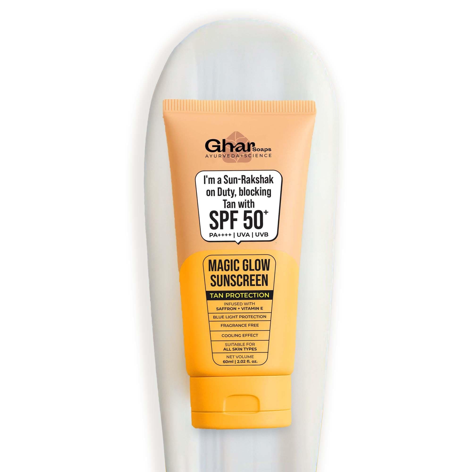 Ghar Soaps Magic Glow SPF 50+ PA++++ Mineral Sunscreen | UVA/UVB & Blue Light Protection | No White Cast, Non-Greasy (60g, Pack of 1)