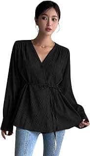 Leriya Fashion Women's V-Neck Pleated Tunic Top - Long Sleeve Drawstring Waist Summer Blouse, Lightweight Casual Shirt for Office, Travel, Daily