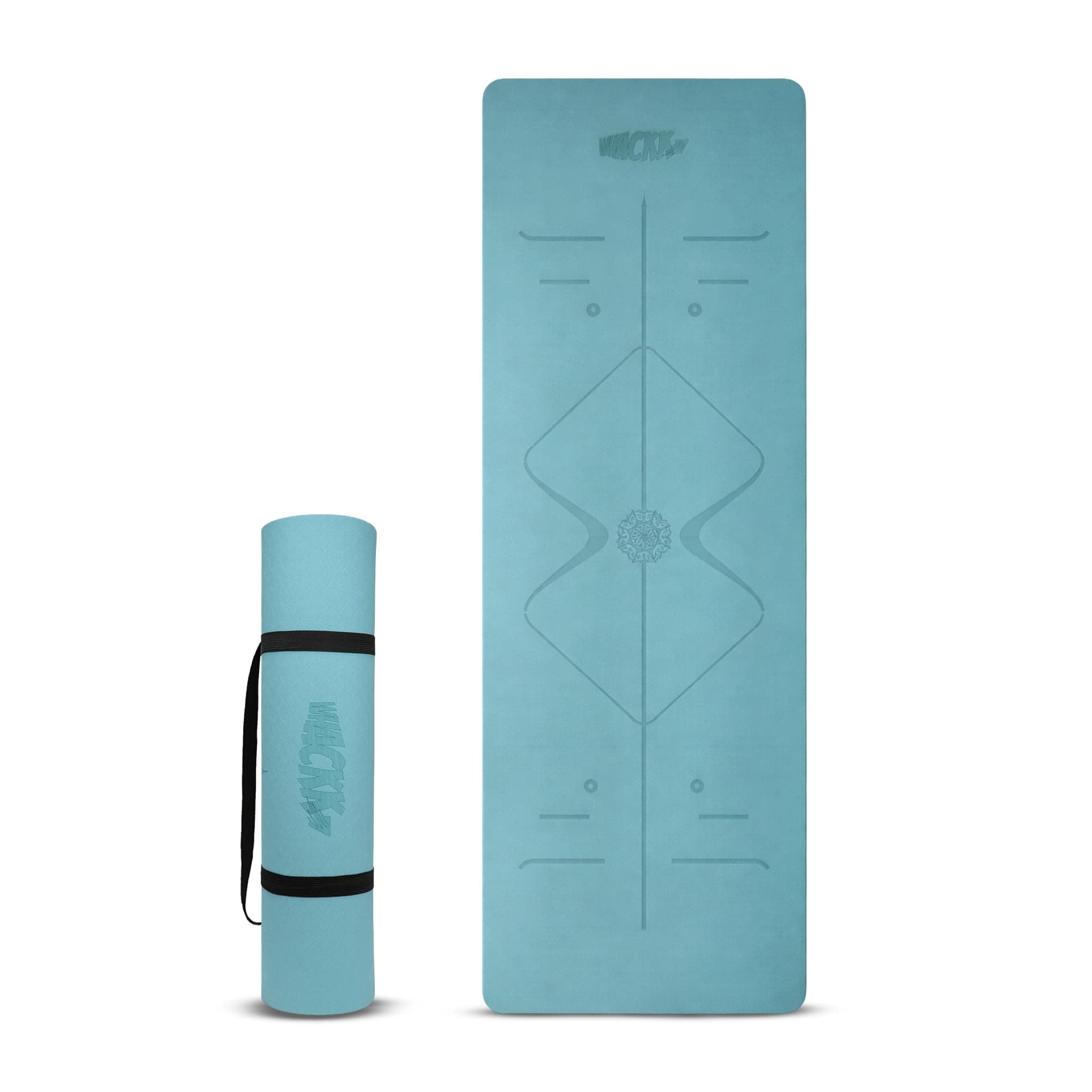 Whackk TPE 8mm Laser Engraved Position Marking Yoga Mat|Fog Blue |Non-Slip Mat ext Thick extra cushioning for knee w. Carry Strap|Lightweight & Eco-Friendly Non Toxic I Exercise and Fitness