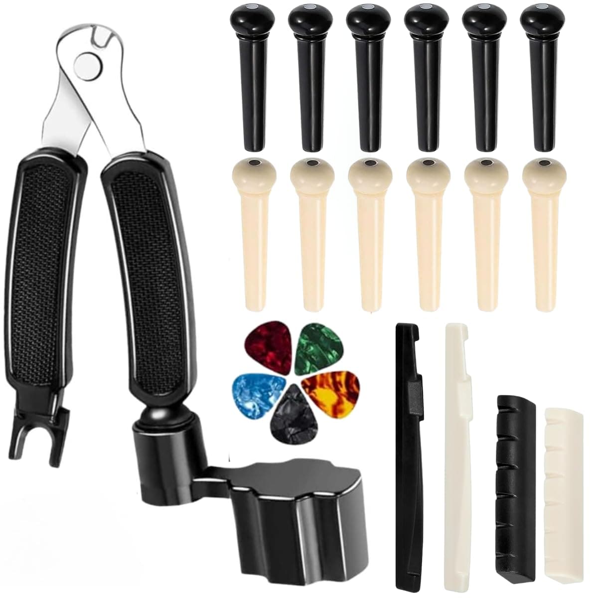 MOCKING BIRD Guitar Saddle set with 3-In-1 Pin Puller String Winder 3-In-1 Pin Puller Remover Guitar String Winder And Cutter Guitar Strings With 5 Picks (Black and White)