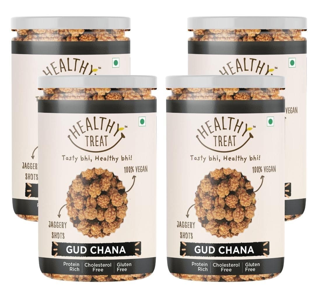Healthy Treat Gur Chana 800gm | Jaggery Coated Chana | Gud Chana | Roasted Chickpeas with Natural Jaggery | Immunity Booster | Delicious and Healthy Gur Chana Snacks | Perfect for Snacking Anytime | (Pack of 4, 200 gm each)