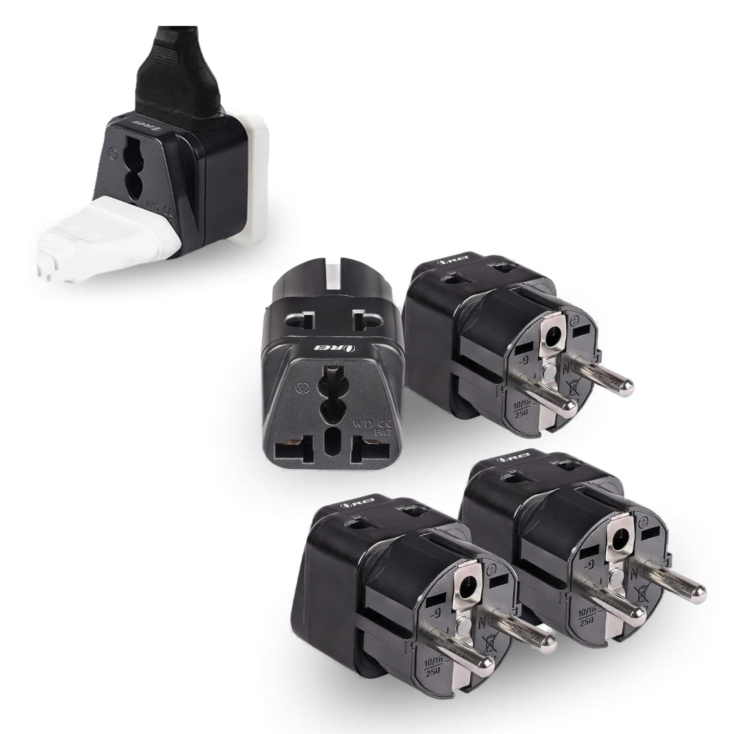 OREI India Travel Adapter Europe (Schuko) Plug - Type E/F Universal Adapter for Europe - 2 in 1 - Perfect for Laptop, Camera, Chargers - CE - RoHS - 4 Pack - Black - 5 Years Warranty