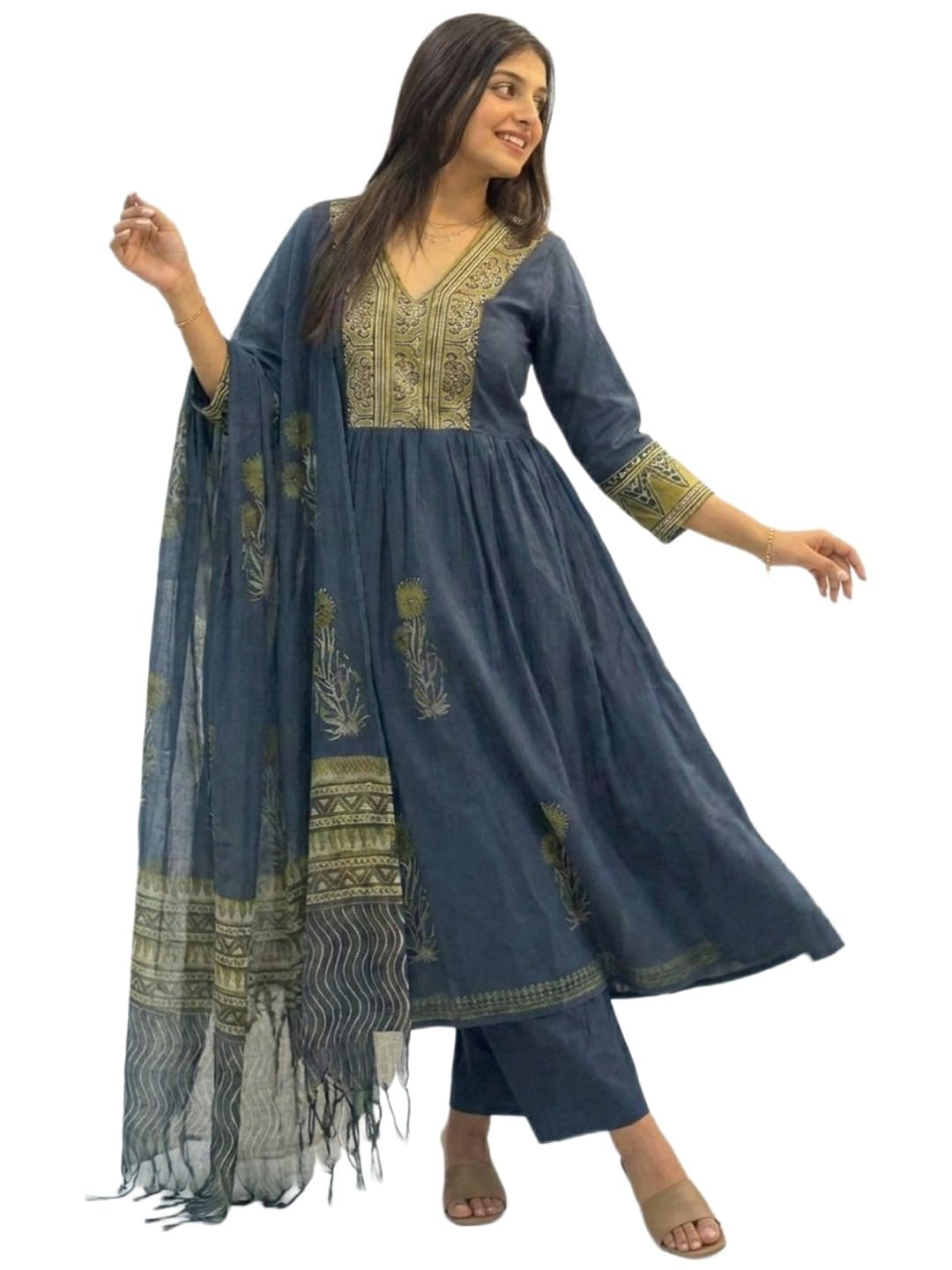 ANNI Designer Women Printed Gathered Kurta Palazzo Dupatta Set Viscose Blend Kurti Suit Ladies Ethnic Wear for Festive Office Casual Use