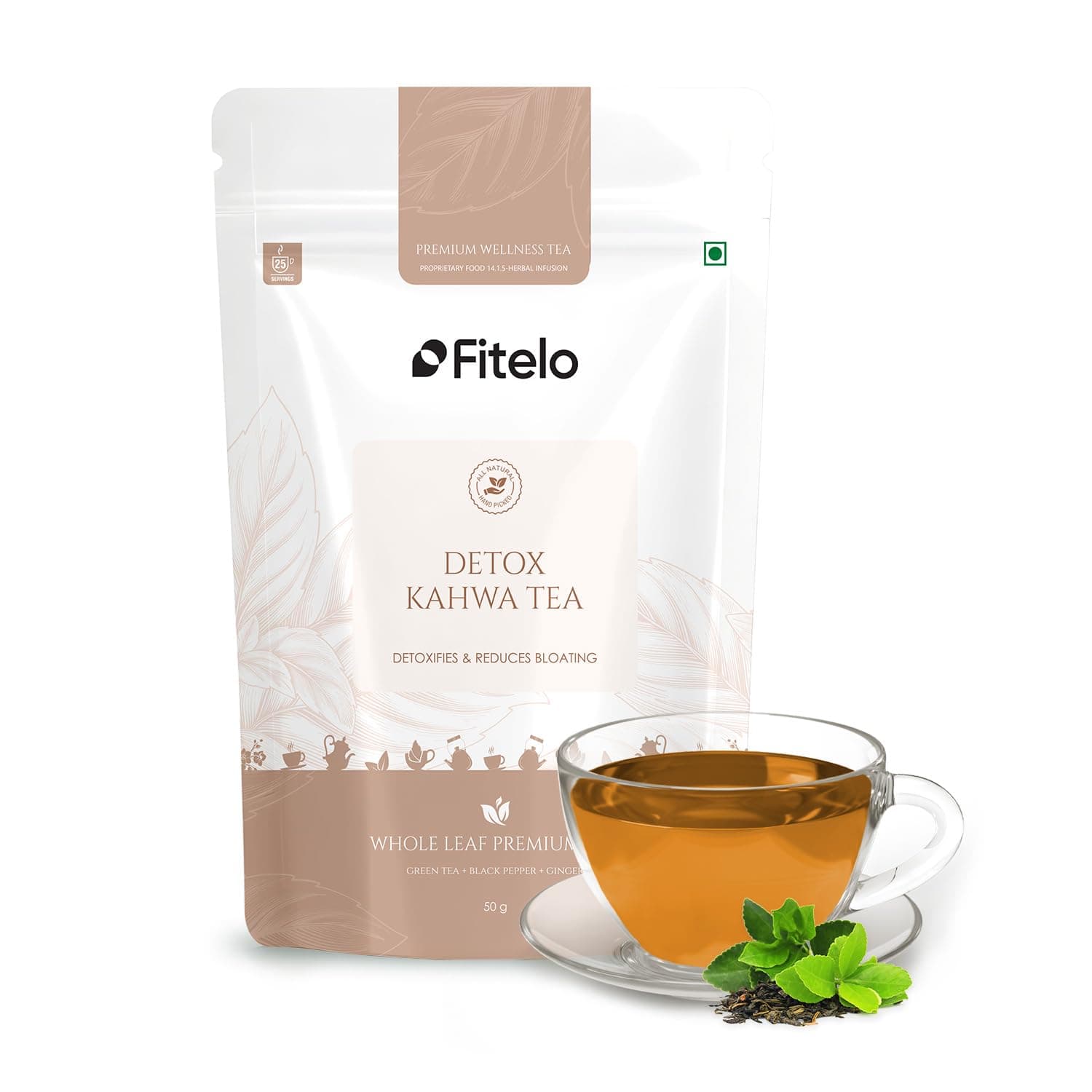 Fitelo Detox Kahwa Green Tea | 50 gm | Premium Ginger, Black Pepper & Green Tea Blend | Natural Kashmiri-Style Herbal Detox | Aids Digestion, Reduces Bloating & Supports Daily Cleanse
