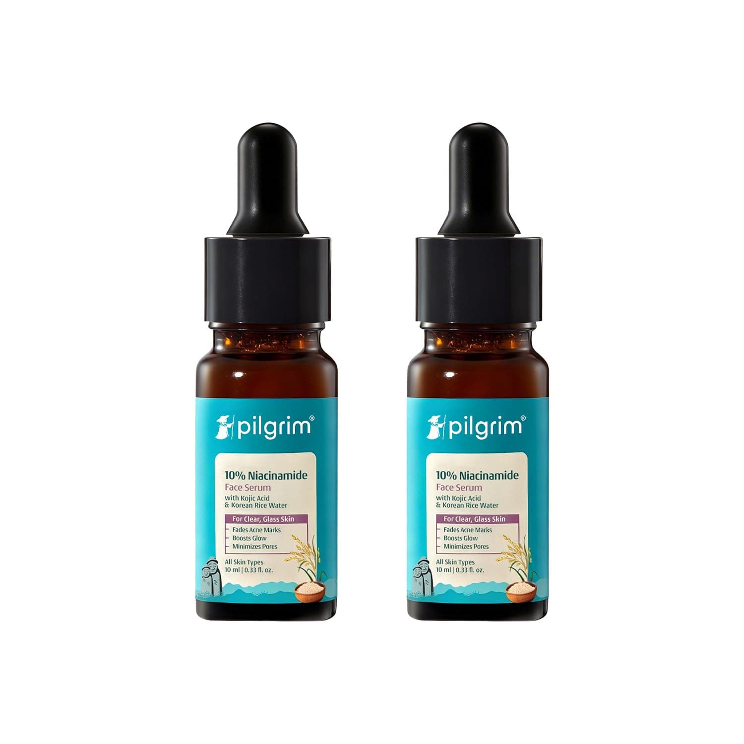 Pilgrim 10% Niacinamide Face Serum for Acne Marks with Korean Rice Water - 10 ml | Fades Dark Spots, Controls Oil, Minimizes Pores, Strengthens Skin Barrier | Quick Absorbing | For All Skin Type (Pack of 2)