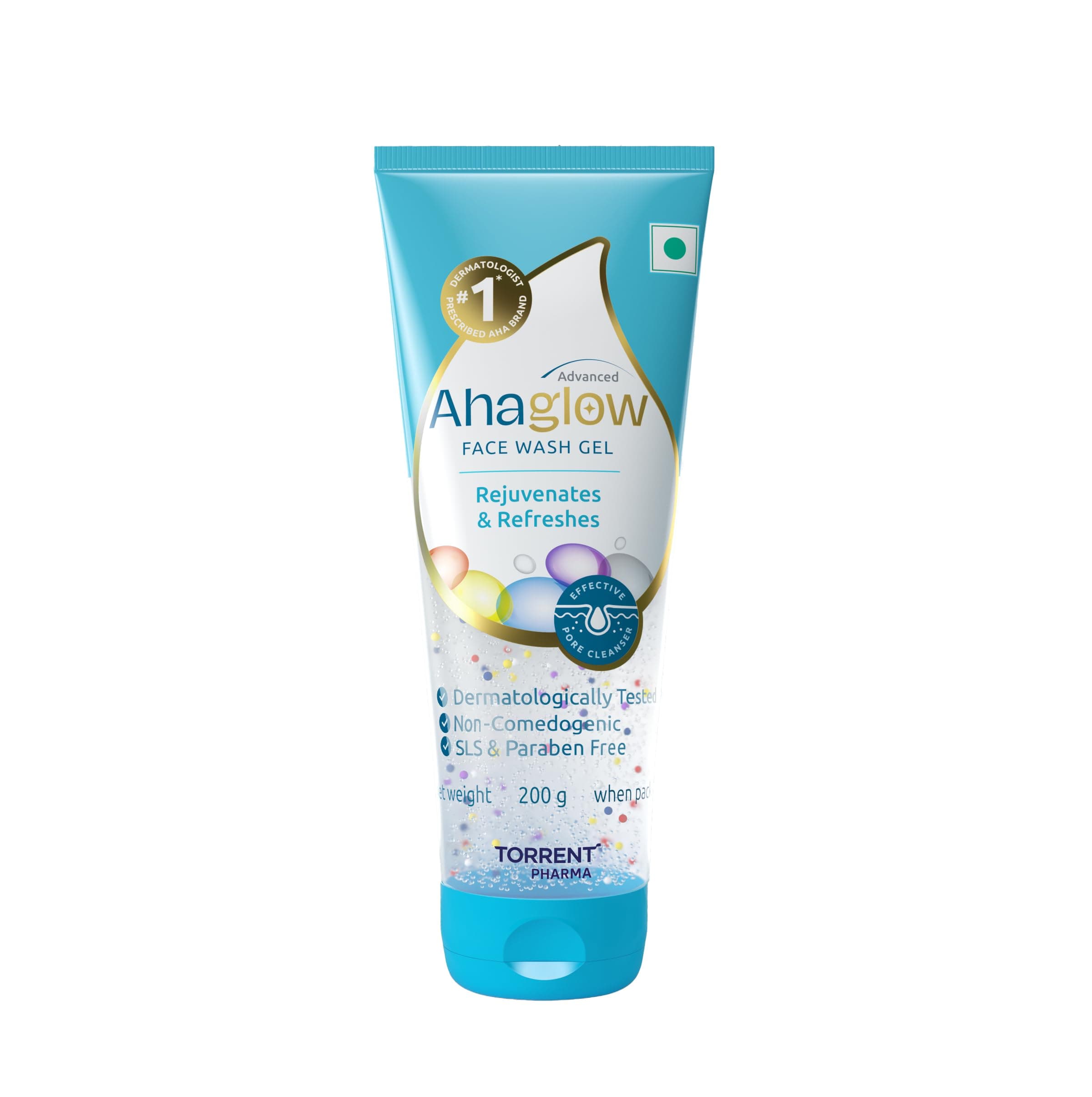 Ahaglow Advanced Face Wash Gel 200g with AHA(1% Glycolic Acid) Glow Bombs| Jojoba & Tea Tree Oil | Allantoin, Vitamin E & Oak bark Extract | No.1 Dermatologist Prescribed AHA Brand - By Torrent Pharma