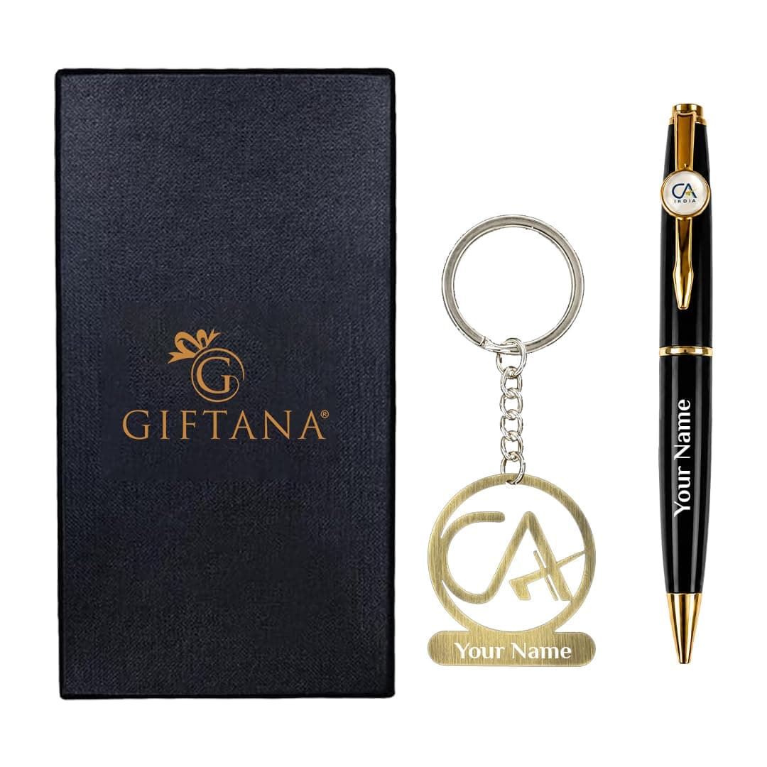Giftana 2 in 1 Personalized CA Pen and Keychain with Name, Customized CA Keychain with Pen Gift Set for Men and Women, Best Gifts for Chartered Accountant, Birthday & Professional Gifts -Black