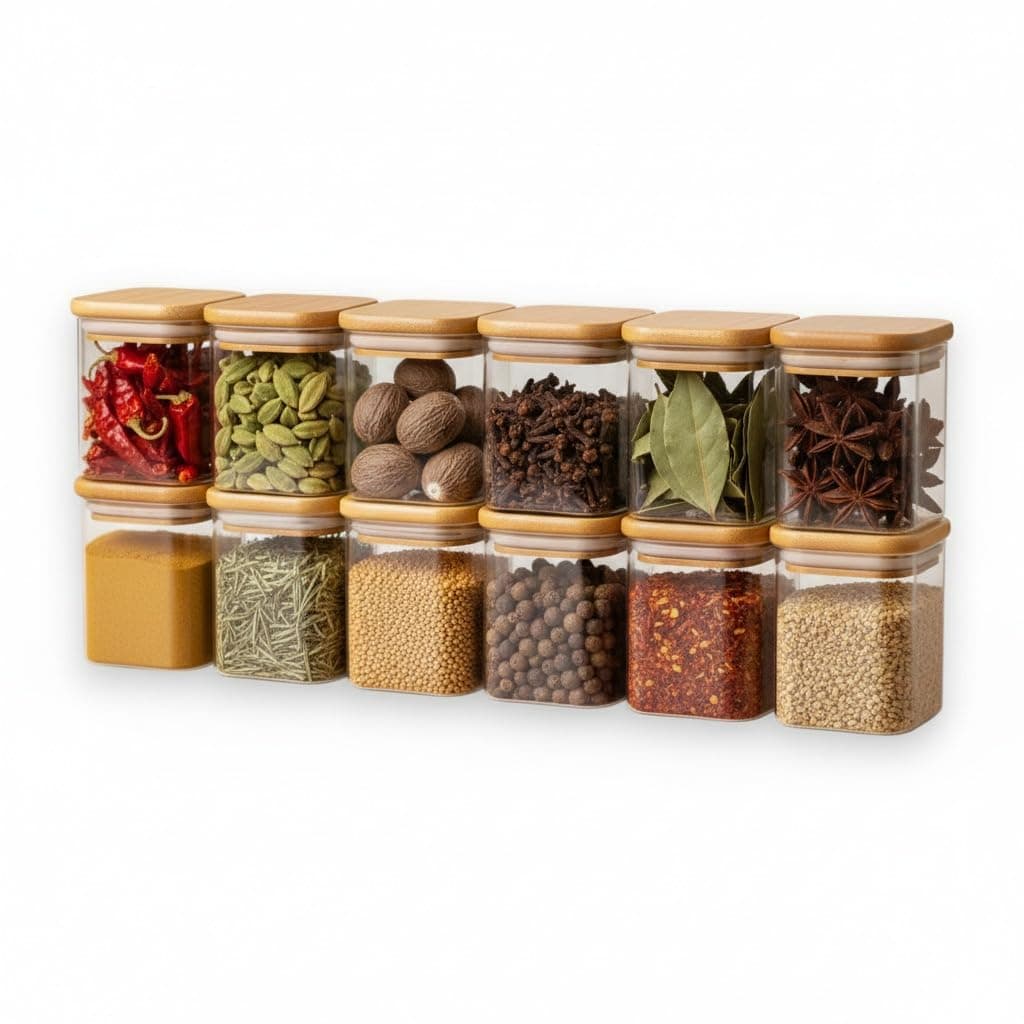 Airtight Square Glass Storage Jar with Bamboo Lid 220ML Pack of 12 | Borosilicate Multipurpose Kitchen Container for Coffee, Tea, Sugar, Masala, Spices & Dry Fruits | Transparent Pantry Organizer