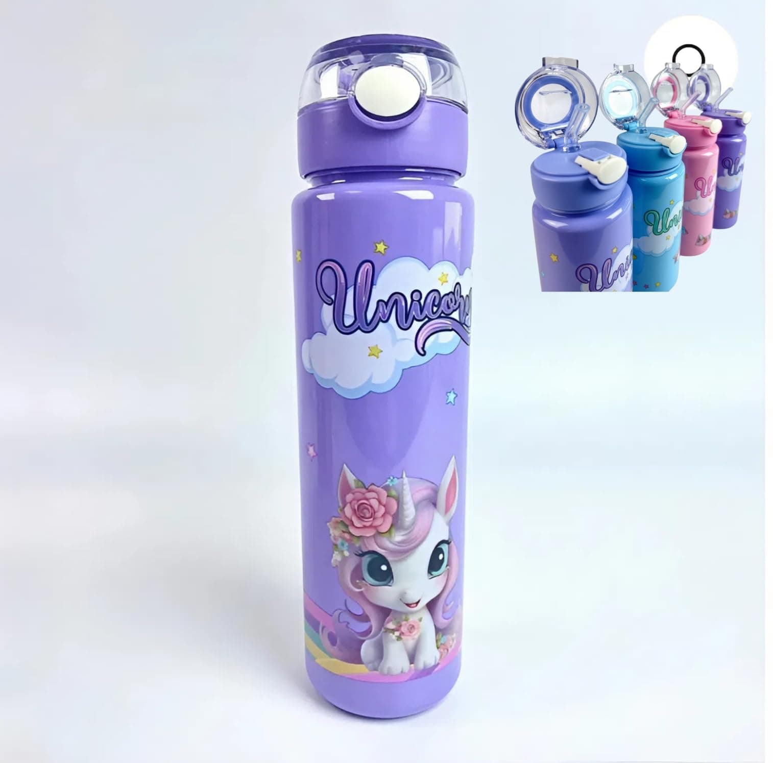 TECHNOCHITRA Unicorn Sipper Water Bottle for Kids Girls 900 ml | Leakproof BPA-Free Plastic Bottle with Silicone Straw & Push Button | Dishwasher Safe Water Bottle Sipper for 3–10 Years