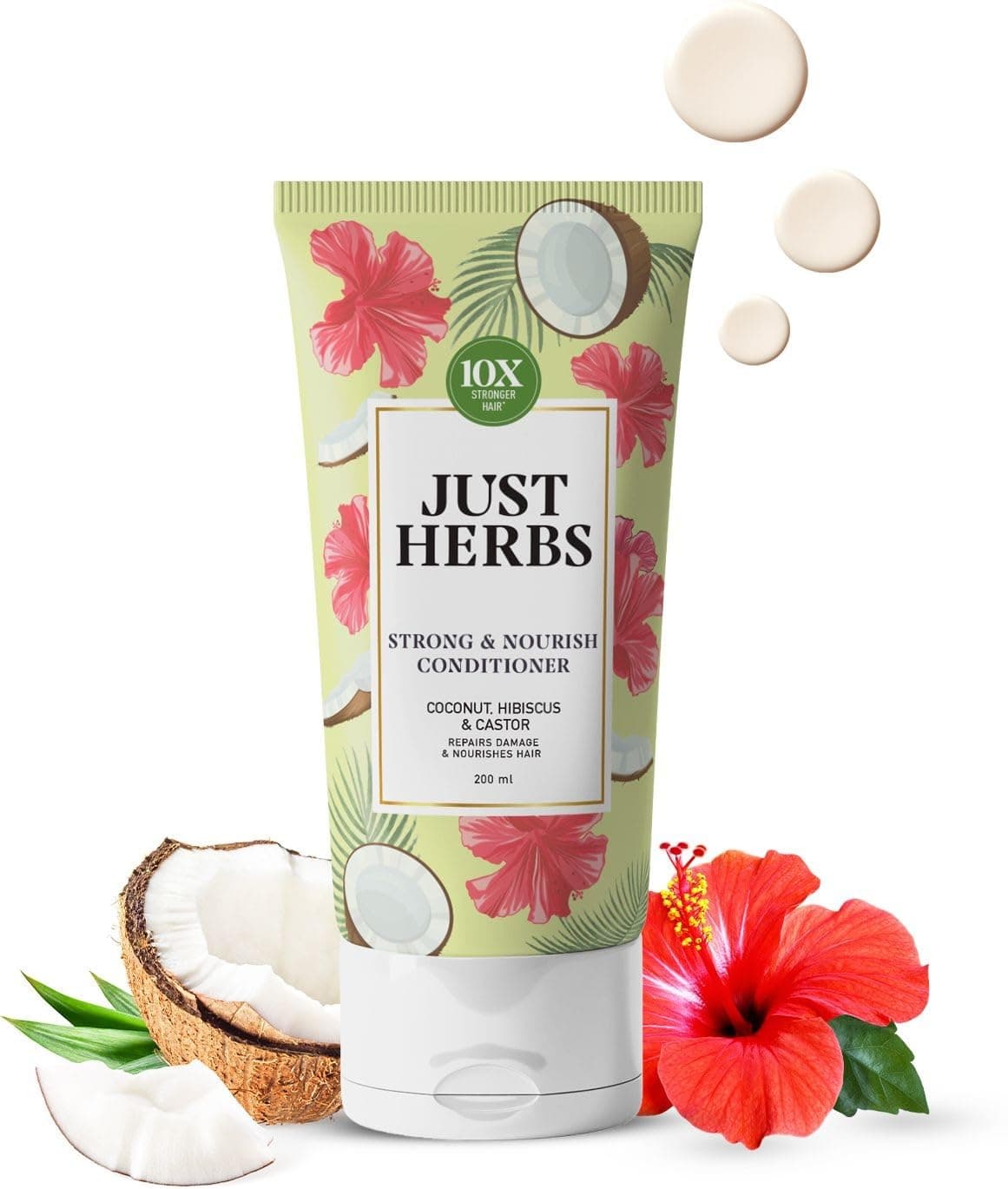 Just Herbs Strong & Nourish Conditioner | Coconut, Hibiscus, Castor & 13 Herbs | 10X Stronger Hair | Controls Frizz | Ayurvedic Conditioner for All Hair Types - 200ml