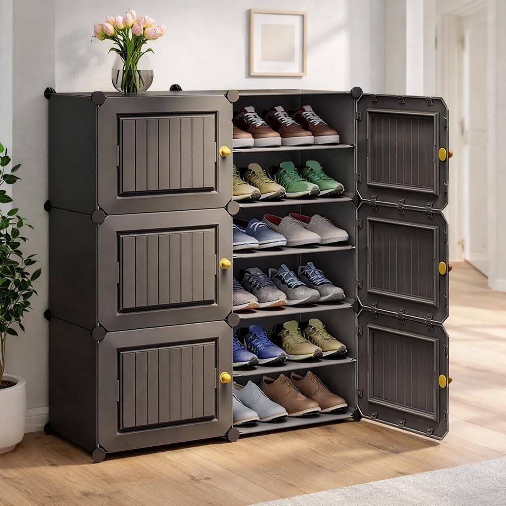 EXVITO Portable Modular Plastic Shoe Cabinet with Doors, 12-Tier Stackable Shoe Rack Organizer, Dustproof Waterproof Shoe Storage Cabinet, Space Saving Entryway Shoe Shelf - Grey