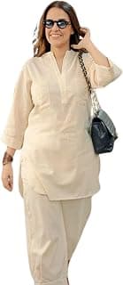 ROYALICA Women's Linen Co-ord Set, Beige, Kurta with Trousers, Casual Ethnic Wear