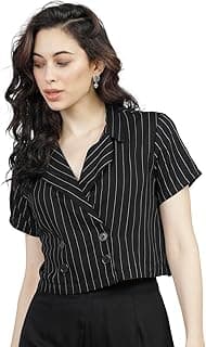 Tokyo Talkies Women's Striped Double-Breasted Crop Top | Short Sleeves | Chic & Trendy | Tops for Woman | Women Tops | Stylish Top