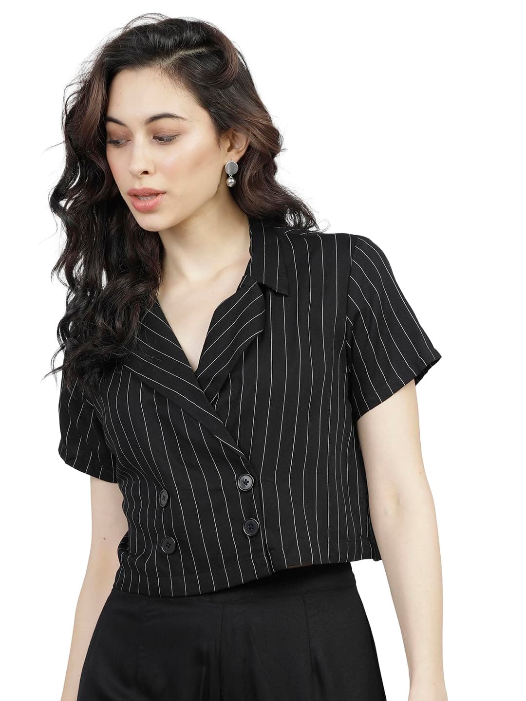 Tokyo Talkies Women's Striped Double-Breasted Rayon Regular Fit Crop Top | Short Sleeves | Chic & Trendy| Women Tops | Stylish Top