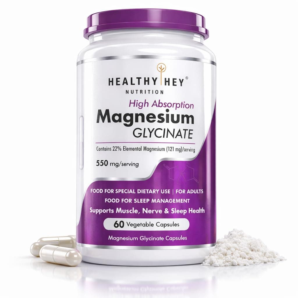 HealthyHey Nutrition Magnesium Glycinate High Absorption for Sleep, Cramps, & Nerves Health -60 Vegetable Capsules